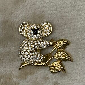 Napier Koala Bear with Bamboo Brooch Pin Gold Tone Rhinestone and Black Enamel